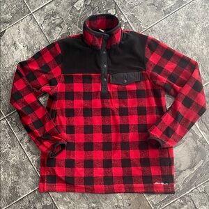 EDDIE BAUER Womens Buffalo Plaid 1/3 Button Neck Pullover Fleece Cottage Sweater